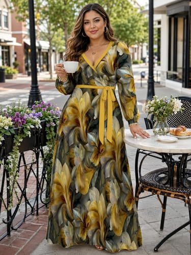 Image of PinkPatty Women's Long Sleeve Maxi Dress Plus Size Casual V Neck Wrap Dress with Pockets&Belt