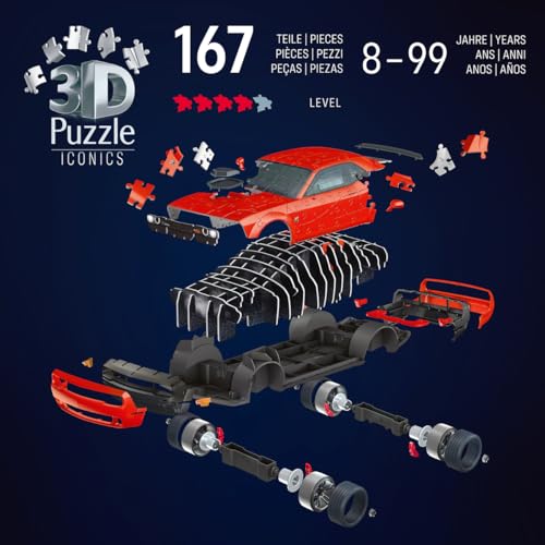 Ravensburger - Puzzle 3D Dodge Challenger R/T - Dodge Challenger Rouge - Maquette Voiture à Construire sans Colle - Puzzle Voiture de Sport 3D - 108 Pièces - Dès 8 Ans - 12008036