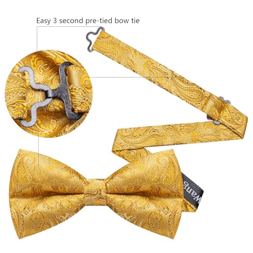 Image of YOHOWA Mens Bow Tie Set Paisley Pre-tied Bowties Adjustable with Handkerchief Cufflinks Gold Ring Set Wedding Prom Party