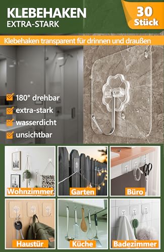 4smile Klebehaken extra stark, 30 Stk. - Klebehaken outdoor wetterfest, wasserdichte Haken selbstklebend, Wandhaken selbstklebend, transparent - Klebehaken Decke und Wand, Mehrzweck für Küche, Bad