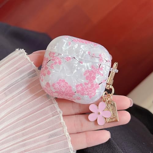 Image of MINSCOSE for Cute Glitter AirPods 4 Clear Case,Cherry Blossom Shell Pattern Aesthetics Design with Trendy Floral Keychain,Soft TPU Protective Cover with Cleaner Kit for AirPods 4-Pink