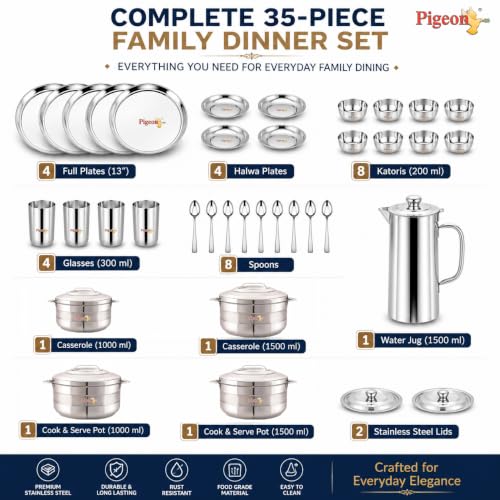 Image of Pigeon Stainless Steel Sparkle Dinner Set 35pcs|Heavy-Duty & Rust-Proo,|Food-Grade, BPA-Free, Elegant & Durable Tableware,Ideal for Home, Kitchen & Dining,Dishwasher Safe,Deal for Gifiting Purpose