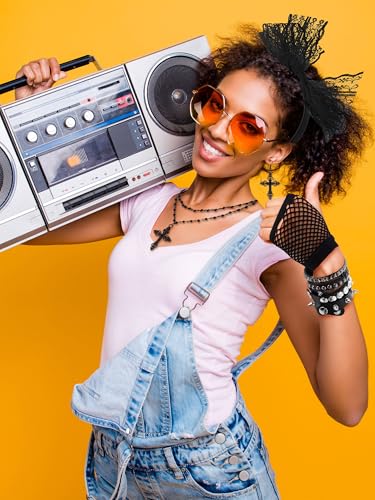 7 Pcs 80s Women Costume Accessories Halloween Leather Punk Bracelet Black Cross Necklace Lace Headband Fishnet Glove4