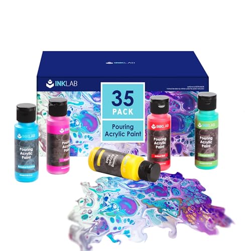 INK LAB Pouring Acrylfarben Set 35 Farben Flüssige Gießfarbe mit Silikonöl 60ml Flaschen Vorgemischte Acrylfarben Pouring für Leinwand Holz Papier Glas Stein Keramik Fliesen