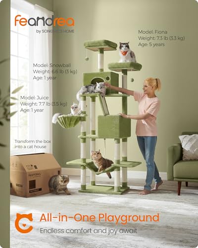 Image of Feandrea Cat Tree, 81.1-Inch Large Cat Tower, Multi-Level Condo, Green | with 13 Sisal Scratching Posts, 2 Perches, 2 Cave, Hammock, Basket, Pompoms for Indoor Cats, Easy to Assemble, UPCT190C01