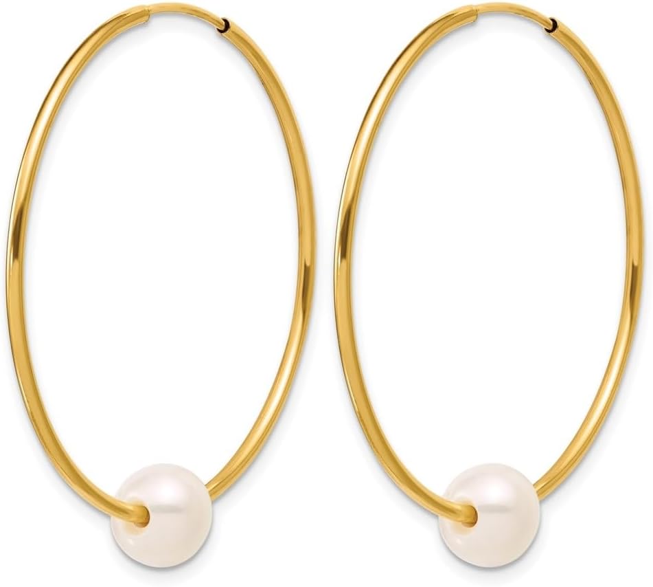 1/20 14K Gold Filled 6-7mm Round White Freshwater Culture Pearl Hoop Earrings - Image 2