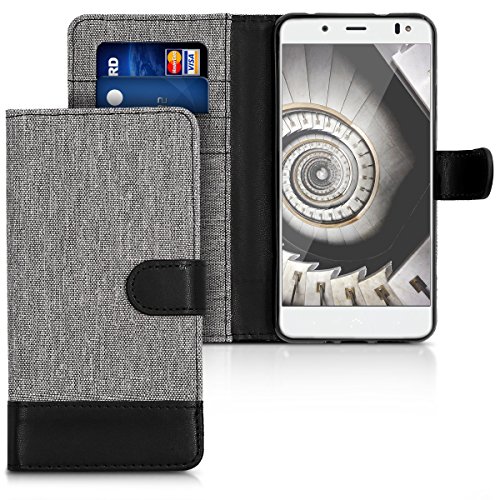 kwmobile Funda Compatible con bq Aquaris V - Carcasa de Tela y Cuero sintético Tarjetero Gris/Negro