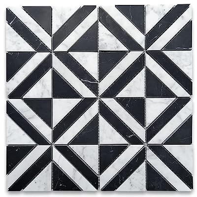 Stone Center Online Carrara White Marble 3 inch Striped Square Maze Mosaic Tile w/Nero Marquina Black Honed Kitchen Bath Wall Floor Backsplash Shower (1 Sheet)