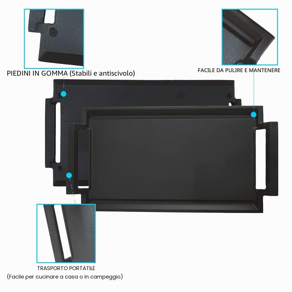 Padella per Grigliare in Ghisa, Padella per Grigliare, Griglia Rettangolare, Piastra Piatta 43 x 23 cm per Piano Cottura a Induzione, Fuoco Aperto, Forno, Piano Cottura Elettrico