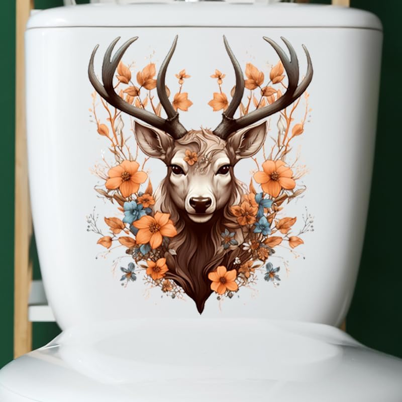 Colorful Deer Head Flower Toilet Cover Sticker Decals,Fish Bird Flower Leaf Waterproof Toilet Lid Tank Seat Decals Cistern Self-Adhesive Bathroom Wall Sticker