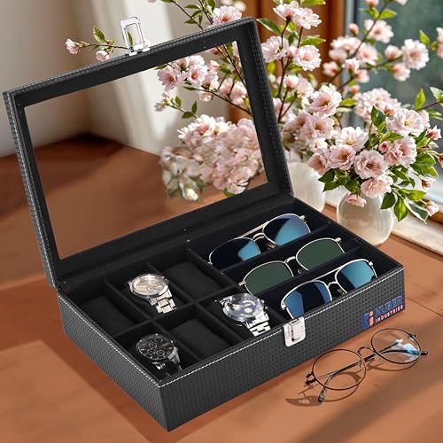 Heart Home Premium Faux Leather See Through 6+3 Slots Wrist Watch Organiser Box for Men & Women | Sunglasses Storage Organizer | Watch Collection Box/Case/Holder | Black