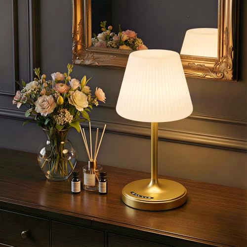 Image of Waterproof Shower Lamp, 4000mAh Cordless Table Lamp, 3-Color Dimmable -Gold | touch dimmable, weighted base, bathroom shower light, patio dinner, RV camping, charge your phones, memory night light