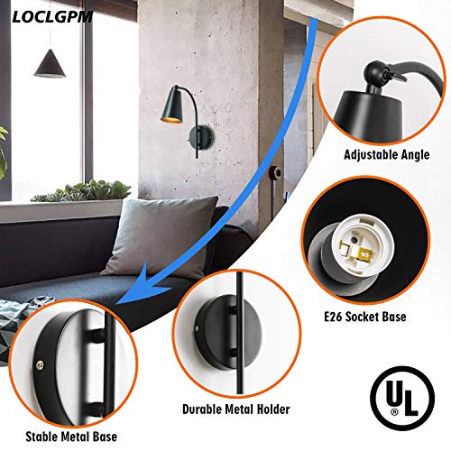 Loclgpm Industrial Black Wall Sconce, Modern Metal Adjustable Vanity Wall Lamp, Retro Vintage Wall Light for Bedroom Bedside, Living Room, Bathroom, Farmhouse, Hallway - Thumbnail 5