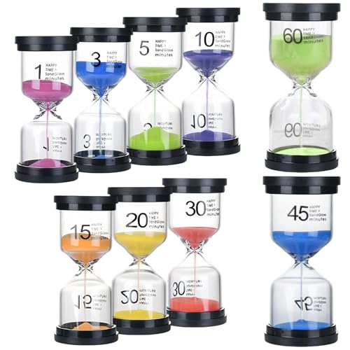 Set da 9 Pezzi Clessidra Bambini Grandi Clessidre in Vetro Colorato, 1/3/5/10/15/20/30/45/60 Minuti,Adatti All'apprendimento,ai Giochi,Alla Cucina,ai Regali Creativi,Alla Decorazione Della Casa