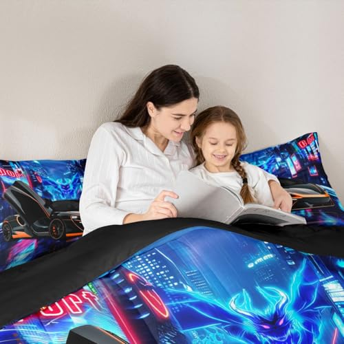 Image of Feelyou Race Car Comforter Set - Black Speed Sports Car Bedding for Kids - King Size Boys - 1 Comforter Set with 2 Pillowcases