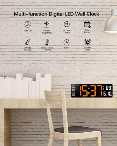 Image of DRUCILA Digital Alarm Clock Wall /Table 16.2 Inch Large LED Display with Date & Week, Remote Control, Adjustable Brightness, Big Wall Clock for Bedroom, Living Room, Office, USB Powered.