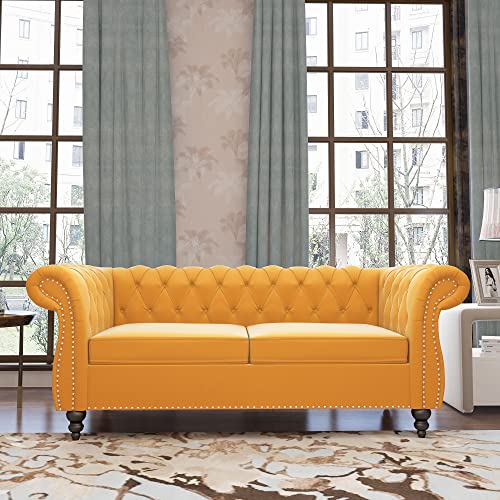 Image of ORRD Chesterfield Loveseat, Modern Velvet Sofa Tufted Couch 2 Seater with Scroll Arms and Nailhead for Living Room, Bedroom, Office, Apartment (Mango)