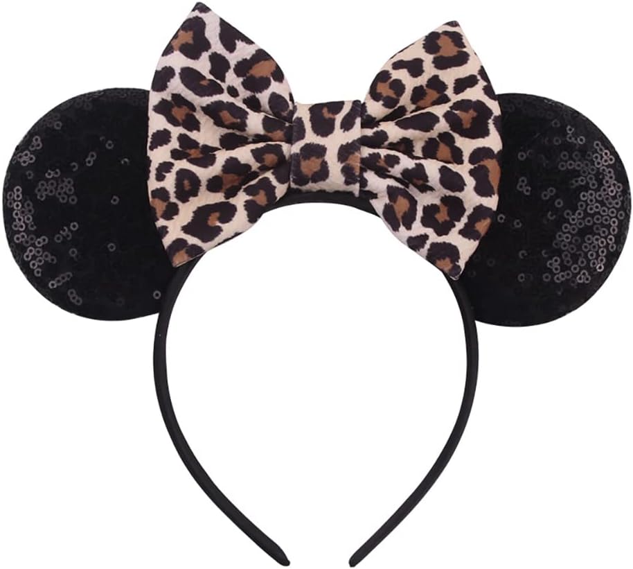 Mouse Ears Headbands Shiny Bows Mouse Ears Glitter Party Princess Decoration Cosplay Costume for Girls Women (Leopard print-1)
