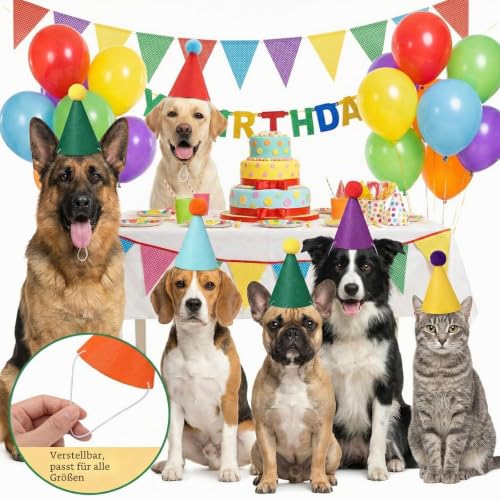 12 Stück Mini Partyhüte für Kuscheltiere Geburtstags Party Kegel Hut Verstellbare Filzkegel Hüte mit Pompon Bunte Geburtstagsdekorationen für kleine Haustiere Hund Katze Kaninchen Welpen Puppen