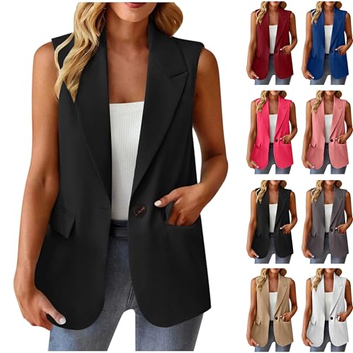 Blazer Damen Ärmellos Weste Sportlich Elegant Einfarbig Anzug Jacke Open Front Longblazer Büro Anzugjacke Knöpfen Leichte Anzugweste Revers Sweatblazer Sakko Freizeit Business Jackett mit Taschen