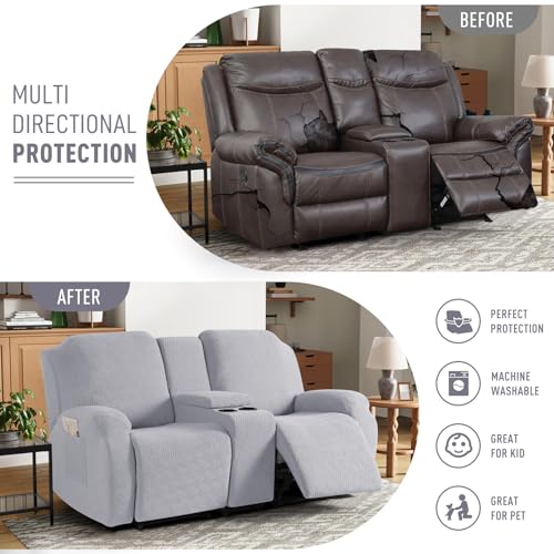 Image of KinCam Loveseat Recliner Covers with Middle Console Slipcover, Recliner Sofa Covers 2 Seat Couch Cover Stripe Jacquard Furniture Protector Covers with Elastic Bottom for Kids, Pets (Silver Gray)