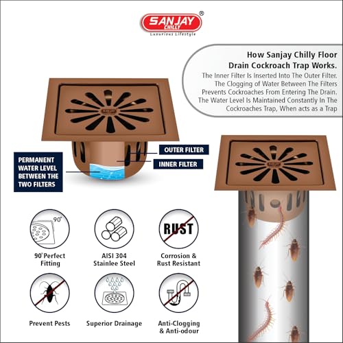 Image of Square Ezee SS Floor Drain Cockroach Trap Colour Collection for Bathroom Gratings 304 Grade Kitchen Washbasin Sink Waste Water Drainer in Washroom & Toilet (Rose Gold 5 x 5 INCH)