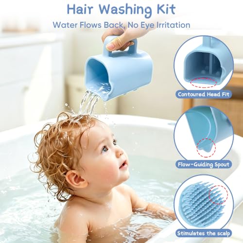 Image of Portable Hair Washing Station for Kids, Toddlers, Children, Teens, Silicone Hair Washing Basin for Sink or Bathtub, Tear-Free Shampoo Bowl with Rinser Cup, Neck Support for kids, Light Blue