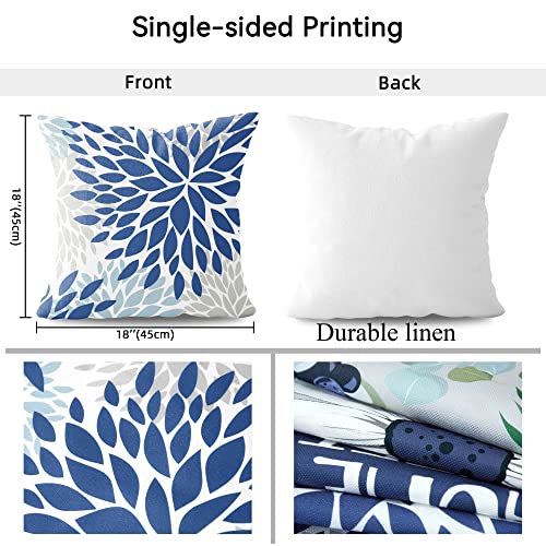 Decorative Blue Throw Pillow Covers Set Of 4 Farmhouse Summer Floral Pillow Covers 18X18 Inch Navy Blue And Grey Square Pillow Case Modern Couch Cushion Covers For Living Room Sofa Outdoor Decor #TOP2
