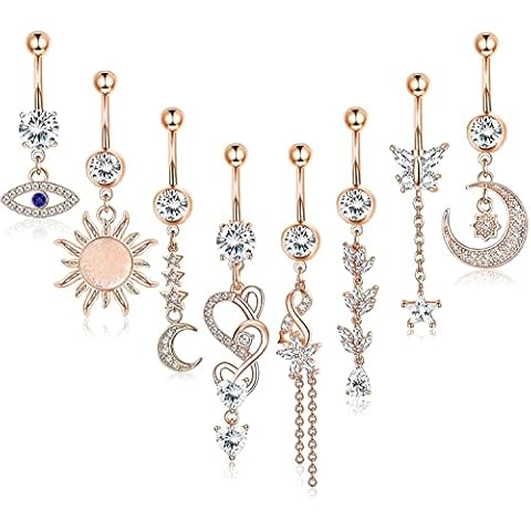 LOLIAS 8Pcs Stainless Steel Belly Button Bars Dangle for Women Curved Barbell Piercing Evil Eye Butterfly Sun Moon CZ Navel Rings Helix Body Piercing Long Belly Button Bars 14G Cover