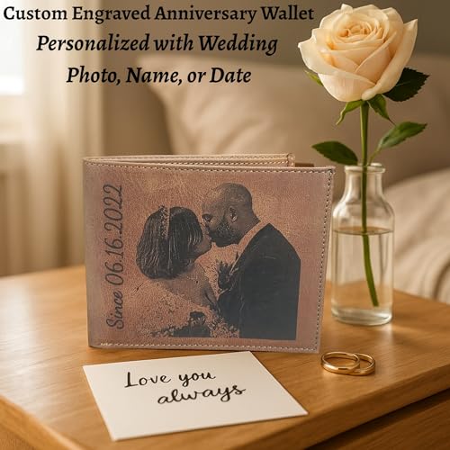 Personalized Leather Photo Wallet for Men – Custom Engraved Slim Bifold with ID Window, Genuine Brown Front Pocket Card Holder – Anniversary and Birthday Gift for Husband, Boyfriend, Fiancé, or Spouse2