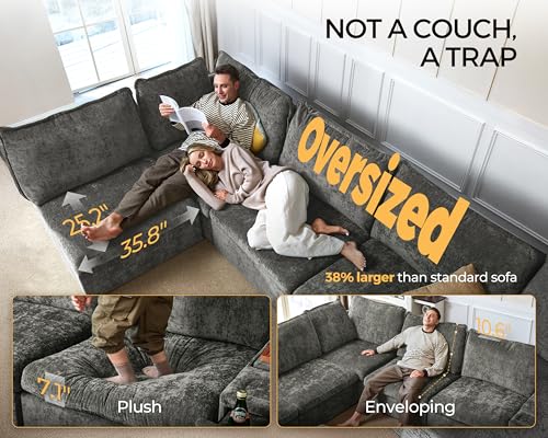 Image of 124.8'' Oversized Modular Sofa Comfy Cloud Couch with Storage, Extra Wide Sectional Sofa for Living Room, Covers Washable, 3-Seater, Chenille, Grey