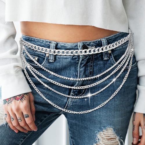 Layered Sparkly Rhinestone Chain Belt, Adjustable Bohemian Waist Belt Silver Rhinestones Belly Waistband for Women2