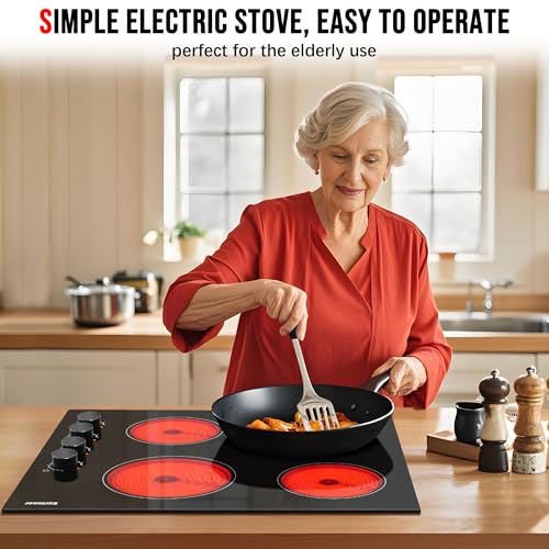 Image of Karinear 24 Inch Electric Cooktop 4 Burners Electric Stove, Knob Control | 6000W High Power Radiant Ceramic Cooktop, Built-in Design, 220-240V Hardwire, No Plug, Overheat Protection(Black Knob)