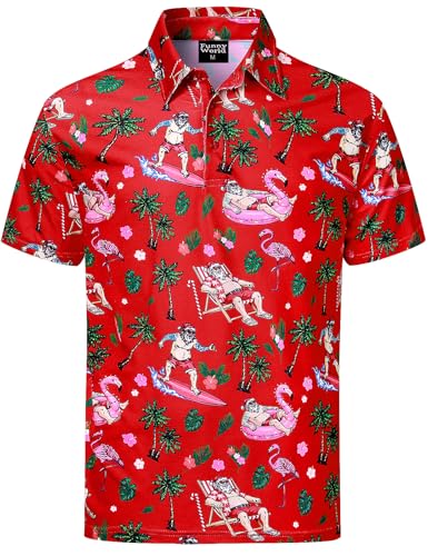 Funny World Christmas Polo Shirts for Men Shirt Men Short Sleeve Hawaiian Polo Santa Flamingo Shirt Tropical Aloha Floral Golf Large Santa Flamingo