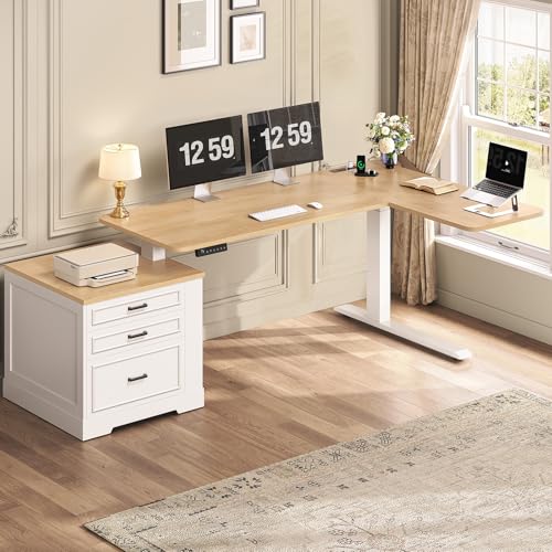 SEDETA Farmhouse L Shaped Electric Standing Desk, 70.9" x 39.4" Height Adjustable Office Executive Desk with 3 Drawers, Standing Computer Desks with P