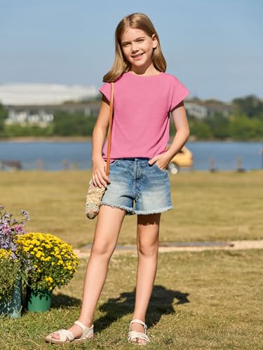 Image of Haloumoning Girls Cap Sleeve T Shirts Kids Summer Crewneck Solid Tops Tees 5-14 Years