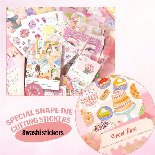 Image of The AutoStory Vintage Scrapbook Album Kit - A6 Junk Journal Notebook with Aesthetic Stickers, Collage Paper Pack & Washi Tape - DIY Journaling Supplies Gift for Teens & Girls (Chill Moment, Pink)