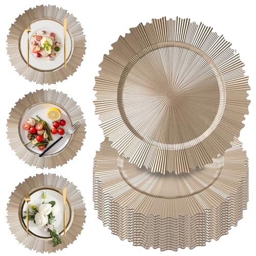 PROY 50 Pcs Champagne Gold Charger Plates, 13 Inch Elegant Fluted Edge Plastic Charger Plates, Round Gold Chargers Dinner Plate Wedding Decoration