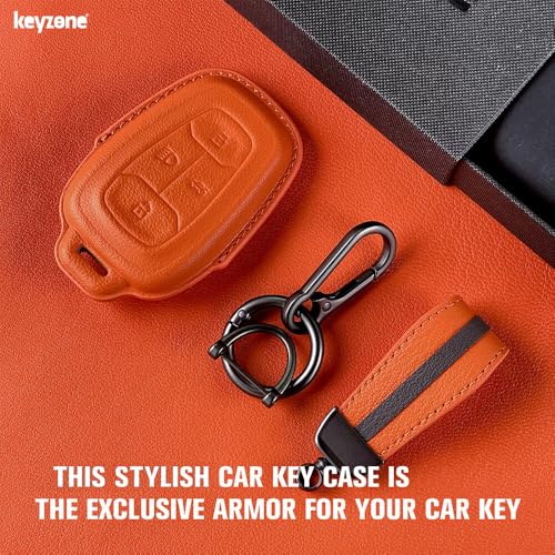 Image of Keyzone Royal Leather Key Cover for Tata Nexon, Harrier, Safari, Altroz, Punch, Tigor 4 Button smart Key (Sunburst Orange)
