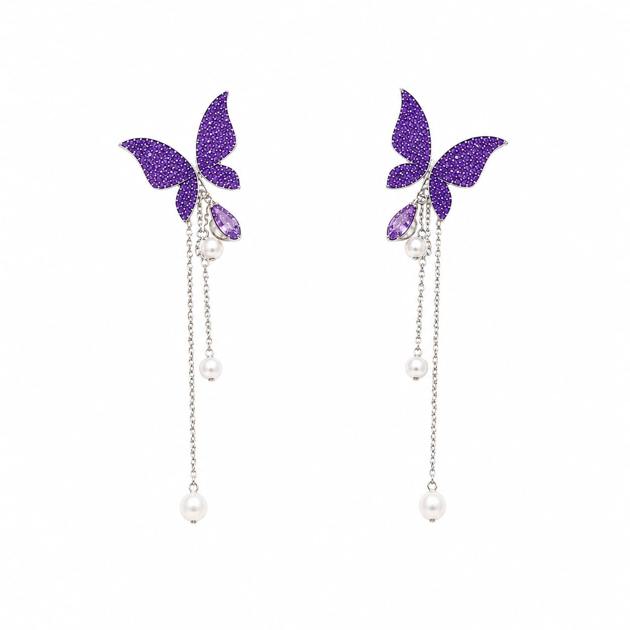 Purple Crystal Butterfly Drop Earrings for Women | Pave Amethyst Stone Butterfly with Pearl Chain Tassel Dangle | Silver Tone | Long Statement Earrings I Lightweight Jewellery Collection-image-40