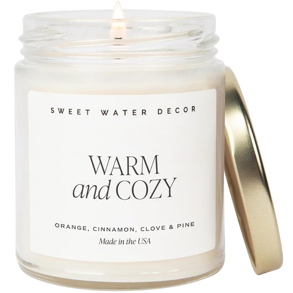 Sweet Water Decor Warm and Cozy Candle - Orange Peel, Cinnamon, Ginger and Clove Soy Winter Scented Candles for Home - 9oz Clear Jar + Gold Lid, 40+ Hour Burn Time, Made in The USA