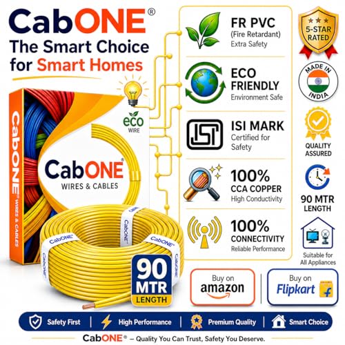 Image of CabONE 1.5 SQ.MM FR PVC Insulated Copper Electrical Wire, 90 Meter (Yellow, Pack of 2) | ISI Marked Fire Retardant Single Core Cable for Home Wiring
