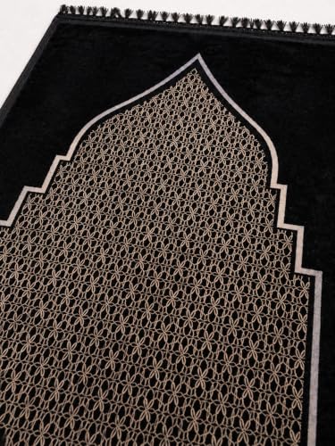 Image of Janamaz Prayer Mat Turkey Soft Velvet | Namaz Mat, Janimaz Namaz Aasan, Islamic Prayer Rug for Salah | 70x110 CM (Printed Black)