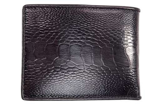 Genuine Ostrich Leg Skin Leather Soft Bifold Men's Wallet ([C13] - 4 Card Slots + 1 ID Window + 2 Compartments for Bills, Black)3