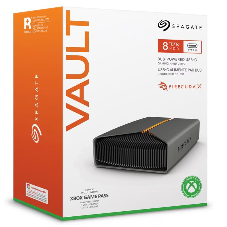 Image of Seagate FireCuda X Vault 8TB External Hard Drive HDD - USB-C, RGB Lighting, Certified for Xbox on PC, Includes one-Month Xbox Ultimate Game Pass, Rescue Services (STNL8000400)