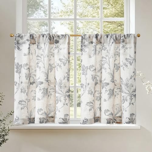 TOPICK Rideaux Cuisine Court Brise Bise Placard Vintage Rétro Gris, Rideau Lin 65L X 90H cm 2 Panneaux, Brise Bise avec Motif Floral à Passe Tringle Semi...