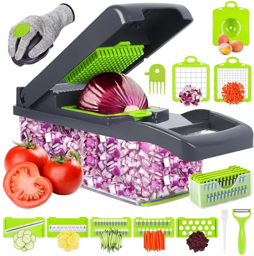 Vegetable Chopper 18-in-1 Mandoline Slicer Multifunction Food Cutter with 7 Interchangeable Blades Safety Glove Peeler & Cleaning Brush for Vegetables and Fruits (Light Grey)