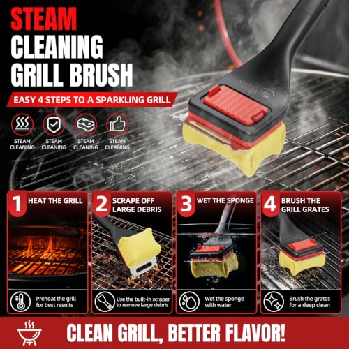 Image of NEWKITCHEN Grill Brush Bristle-Free Steam Cleaning, BBQ Brush Replaceable Heat-Resistant Kevlar Head with Grill Scraper Safe Barbecue Grill Cleaner