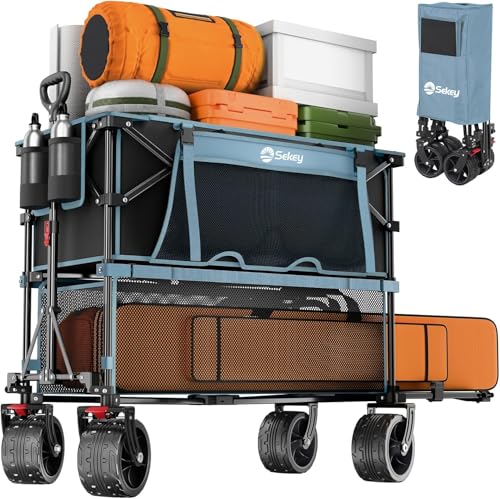 Sekey Carro de playa de doble piso de 400 l, estante extendido extralargo de 50 pulgadas de largo, carrito plegable con capacidad de 500 libras, ruedas plegables todo terreno para camping, deportes,