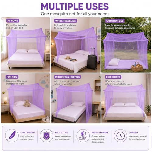 Image of BENAVJI Foldable Machardani Single Bed | Pure Cotton Mosquito net (Purple, 3.5FT X 6FT) | Strong, Breathable, Lightweight, Portable & Ideal for Daily Usage | Full Protection for Home & Travel